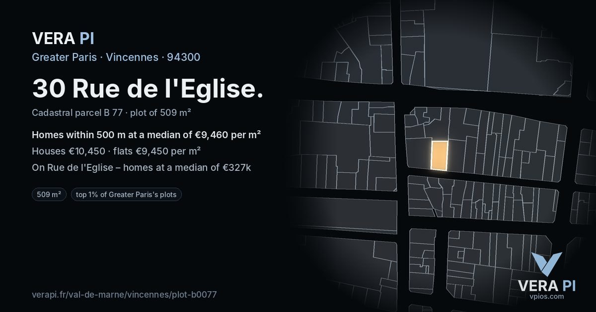 30 Rue de l'Eglise, Vincennes at night – the plot lit, the parcels around coloured by the prices near them