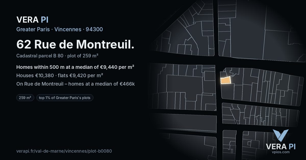 62 Rue de Montreuil, Vincennes at night – the plot lit, the parcels around coloured by the prices near them