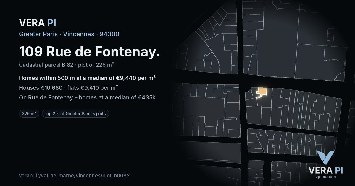 109 Rue de Fontenay, Vincennes at night – the plot lit, the parcels around coloured by the prices near them