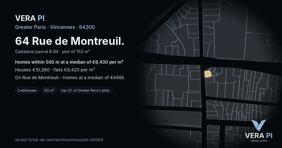 64 Rue de Montreuil, Vincennes at night – the plot lit, the parcels around coloured by the prices near them