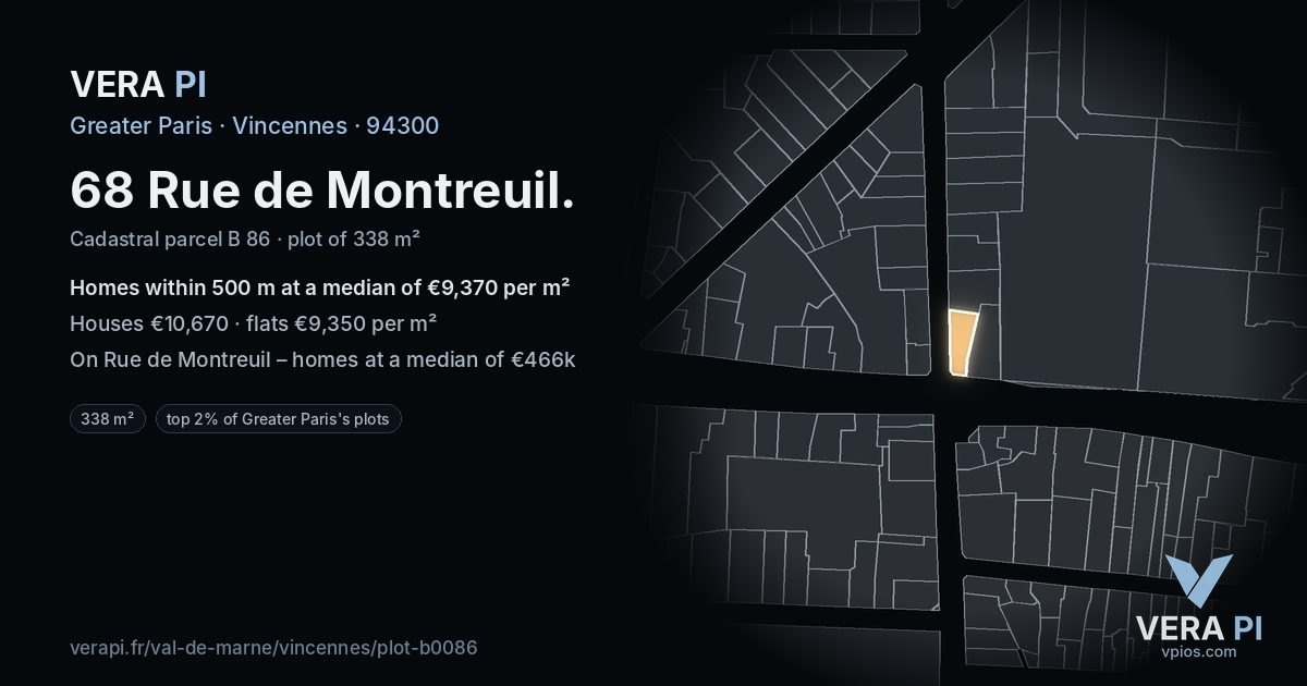 68 Rue de Montreuil, Vincennes at night – the plot lit, the parcels around coloured by the prices near them