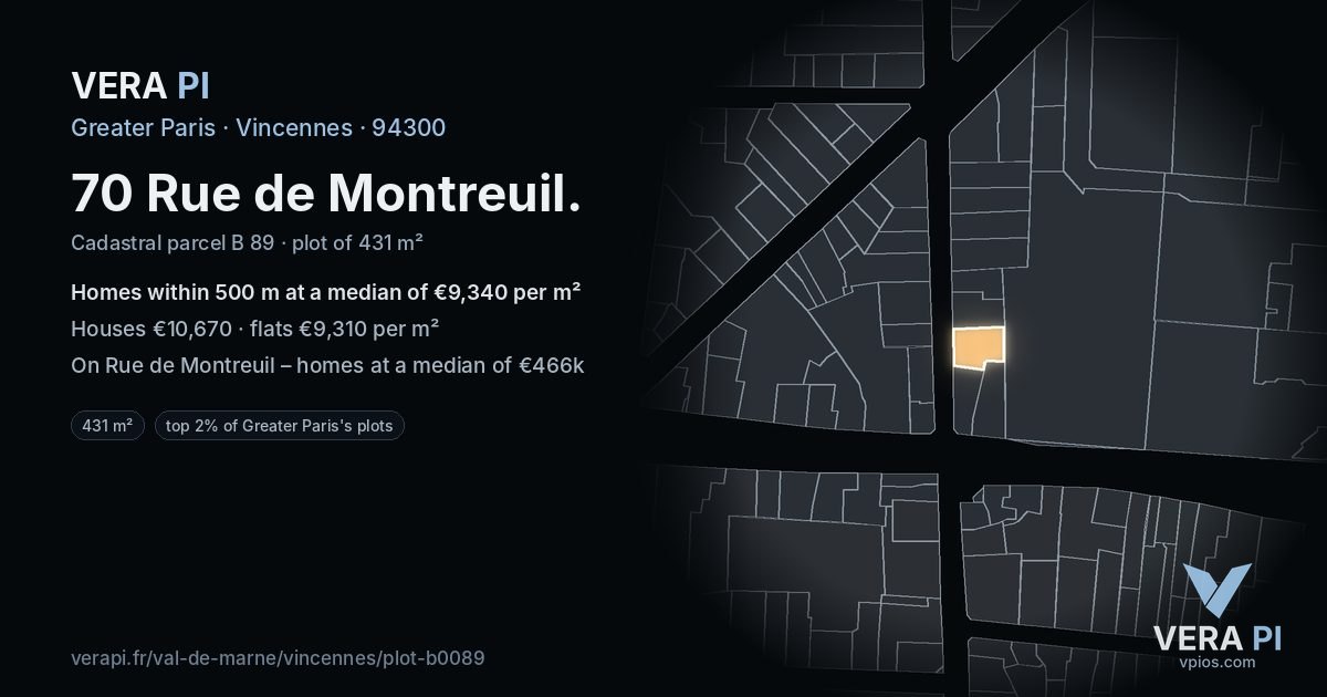 70 Rue de Montreuil, Vincennes at night – the plot lit, the parcels around coloured by the prices near them