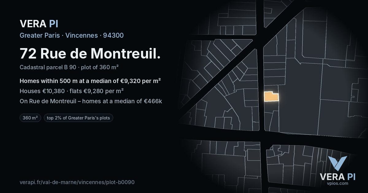 72 Rue de Montreuil, Vincennes at night – the plot lit, the parcels around coloured by the prices near them