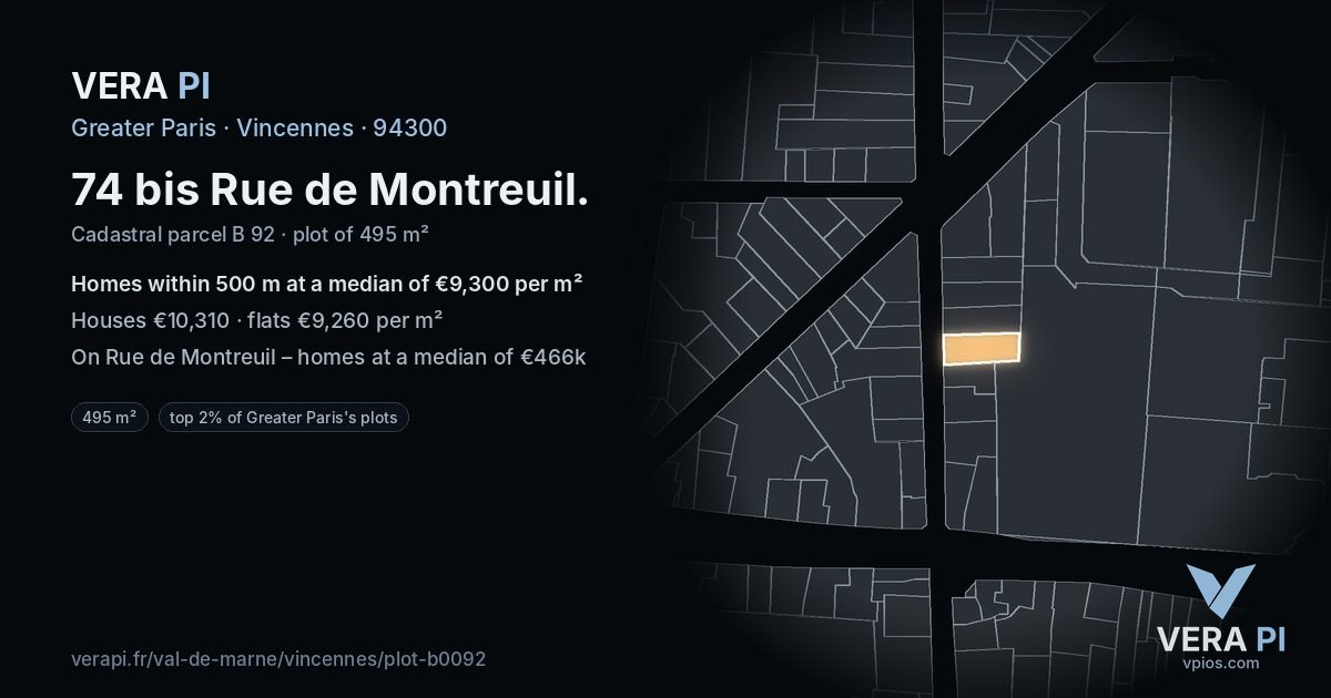 74 bis Rue de Montreuil, Vincennes at night – the plot lit, the parcels around coloured by the prices near them