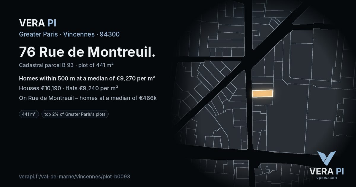 76 Rue de Montreuil, Vincennes at night – the plot lit, the parcels around coloured by the prices near them