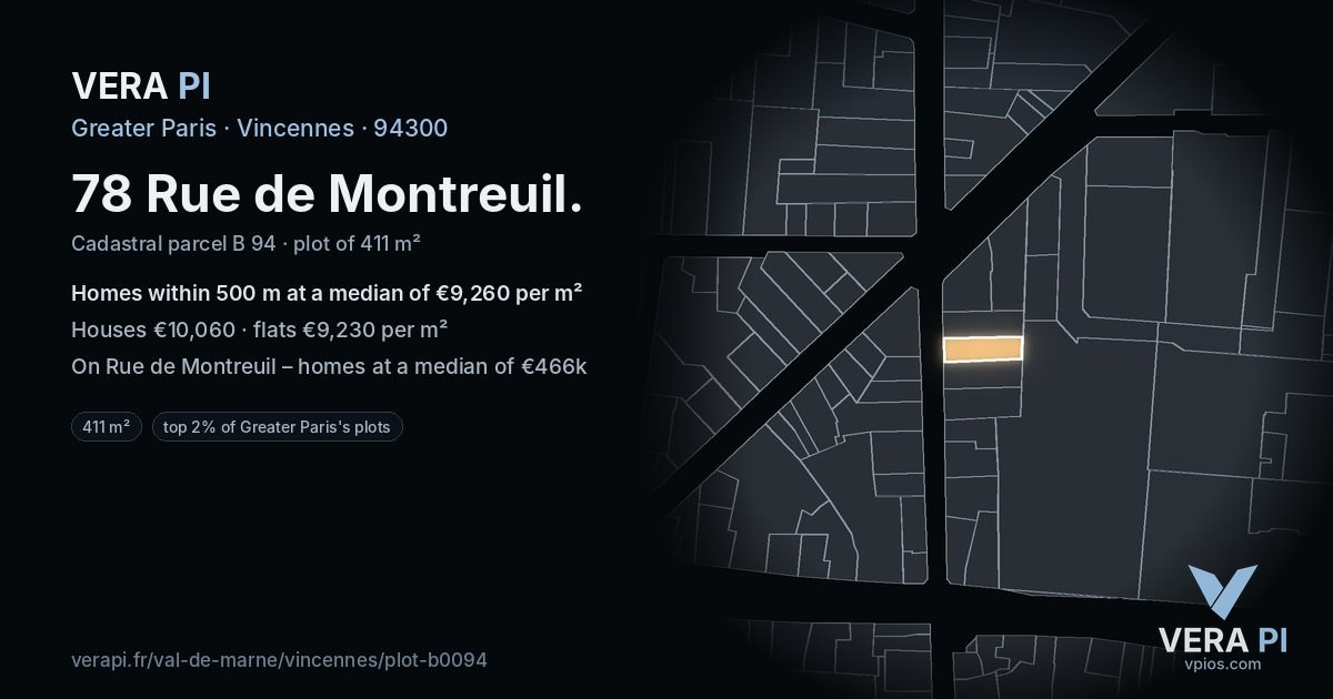 78 Rue de Montreuil, Vincennes at night – the plot lit, the parcels around coloured by the prices near them