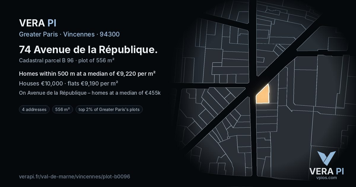 74 Avenue de la République, Vincennes at night – the plot lit, the parcels around coloured by the prices near them
