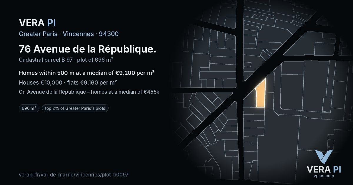 76 Avenue de la République, Vincennes at night – the plot lit, the parcels around coloured by the prices near them