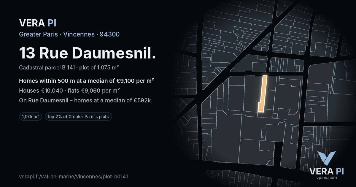 13 Rue Daumesnil, Vincennes at night – the plot lit, the parcels around coloured by the prices near them