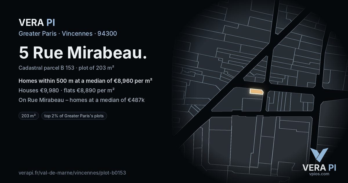 5 Rue Mirabeau, Vincennes at night – the plot lit, the parcels around coloured by the prices near them