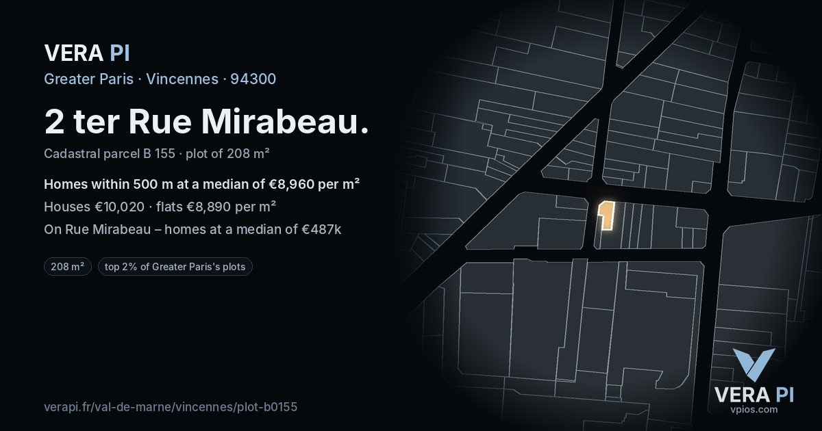 2 ter Rue Mirabeau, Vincennes at night – the plot lit, the parcels around coloured by the prices near them