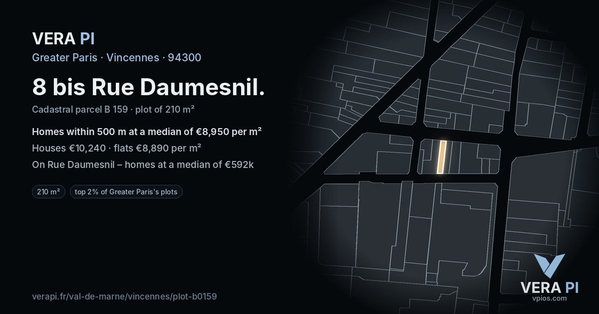 8 bis Rue Daumesnil, Vincennes at night – the plot lit, the parcels around coloured by the prices near them