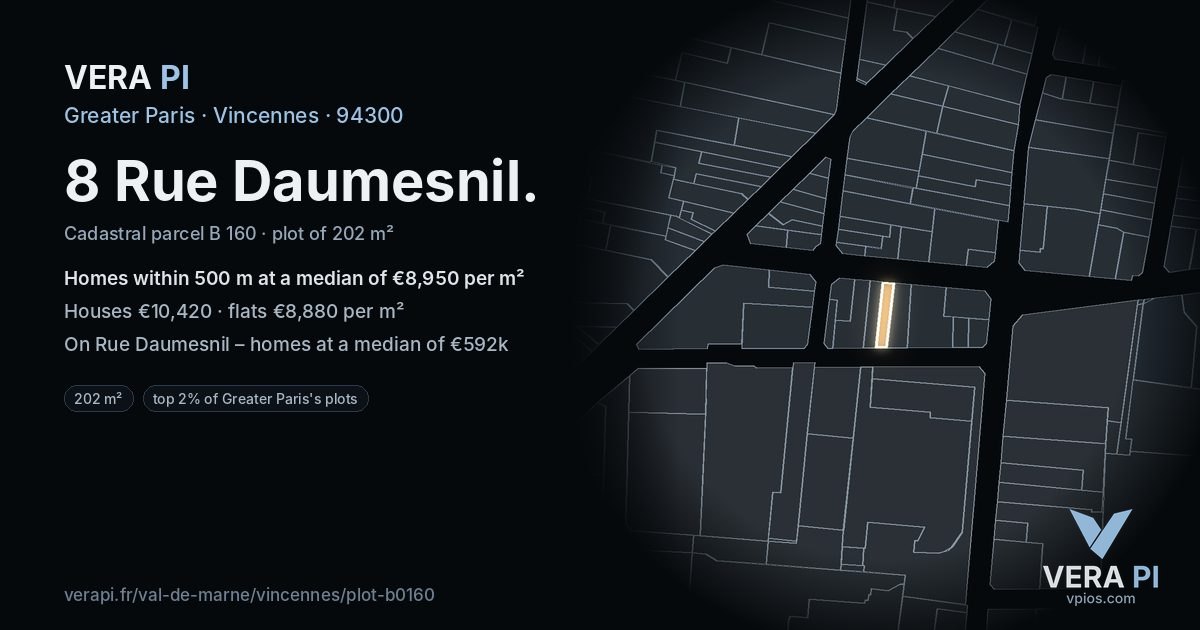 8 Rue Daumesnil, Vincennes at night – the plot lit, the parcels around coloured by the prices near them