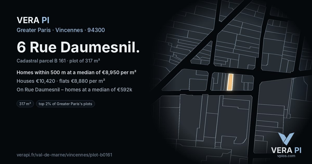 6 Rue Daumesnil, Vincennes at night – the plot lit, the parcels around coloured by the prices near them