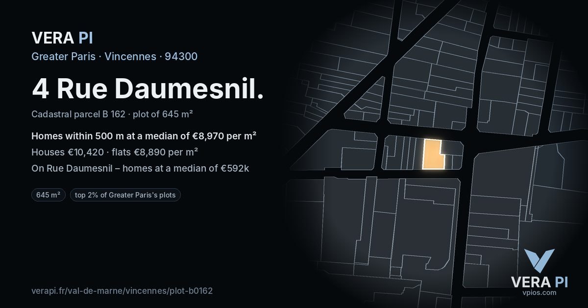 4 Rue Daumesnil, Vincennes at night – the plot lit, the parcels around coloured by the prices near them