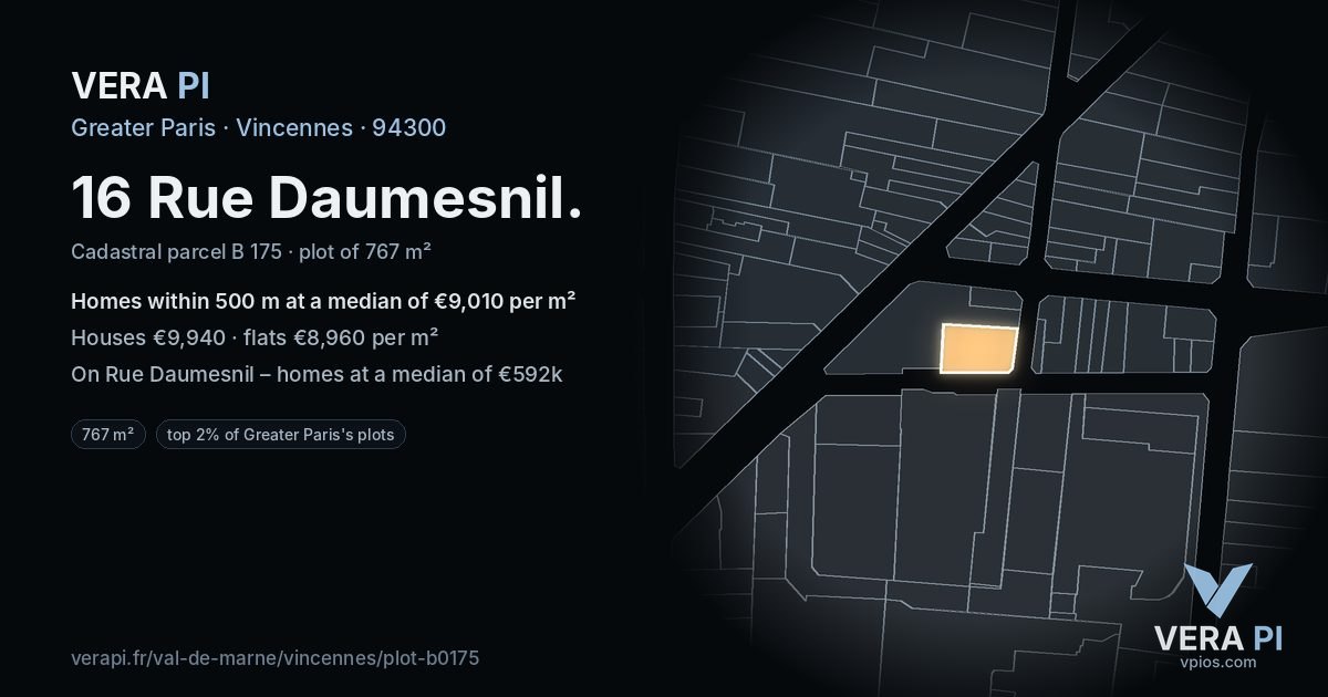 16 Rue Daumesnil, Vincennes at night – the plot lit, the parcels around coloured by the prices near them