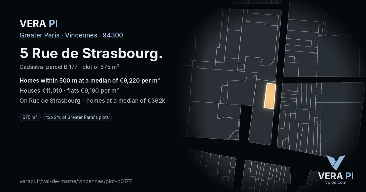 5 Rue de Strasbourg, Vincennes at night – the plot lit, the parcels around coloured by the prices near them