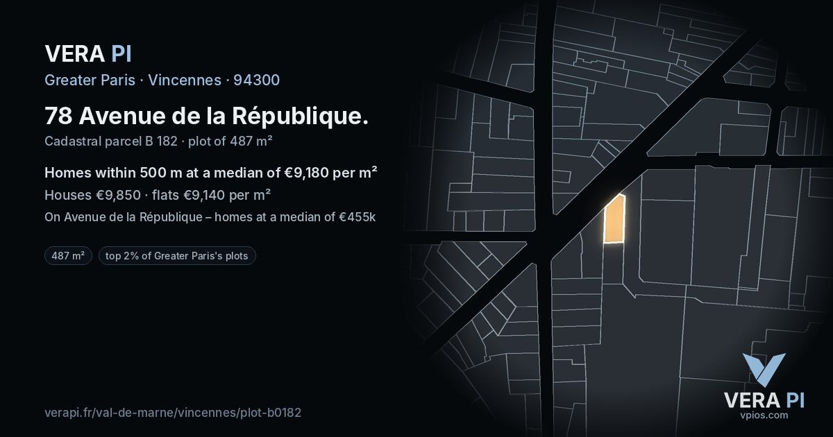 78 Avenue de la République, Vincennes at night – the plot lit, the parcels around coloured by the prices near them