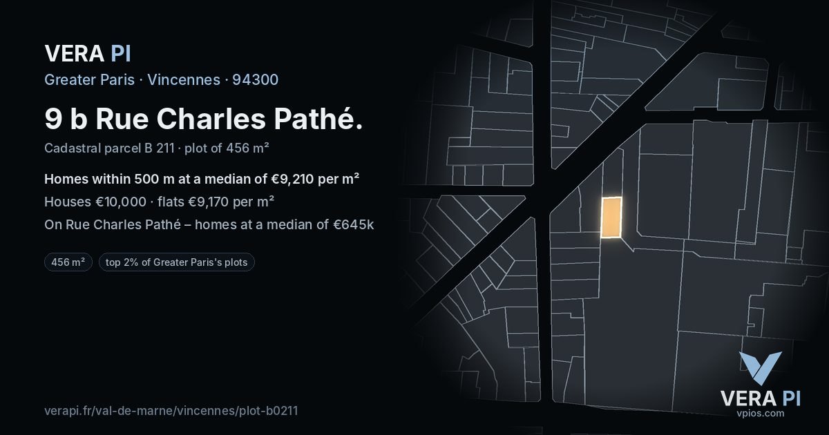 9 b Rue Charles Pathé, Vincennes at night – the plot lit, the parcels around coloured by the prices near them