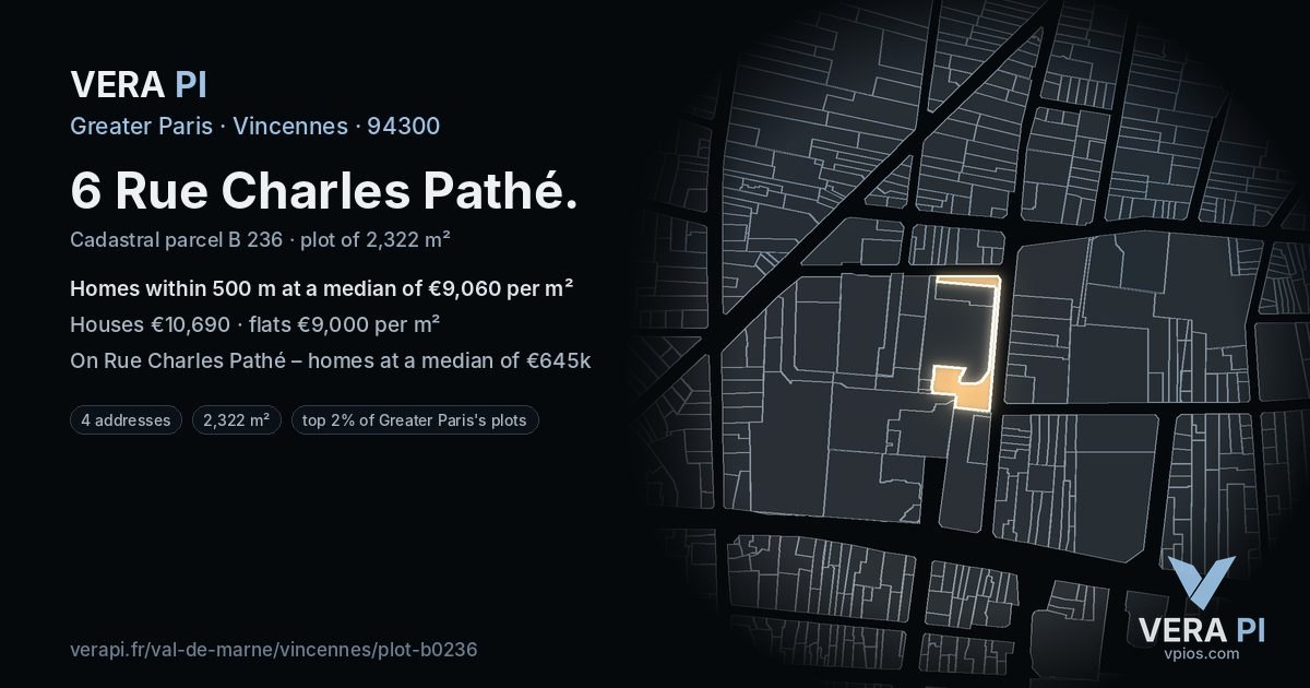 6 Rue Charles Pathé, Vincennes at night – the plot lit, the parcels around coloured by the prices near them