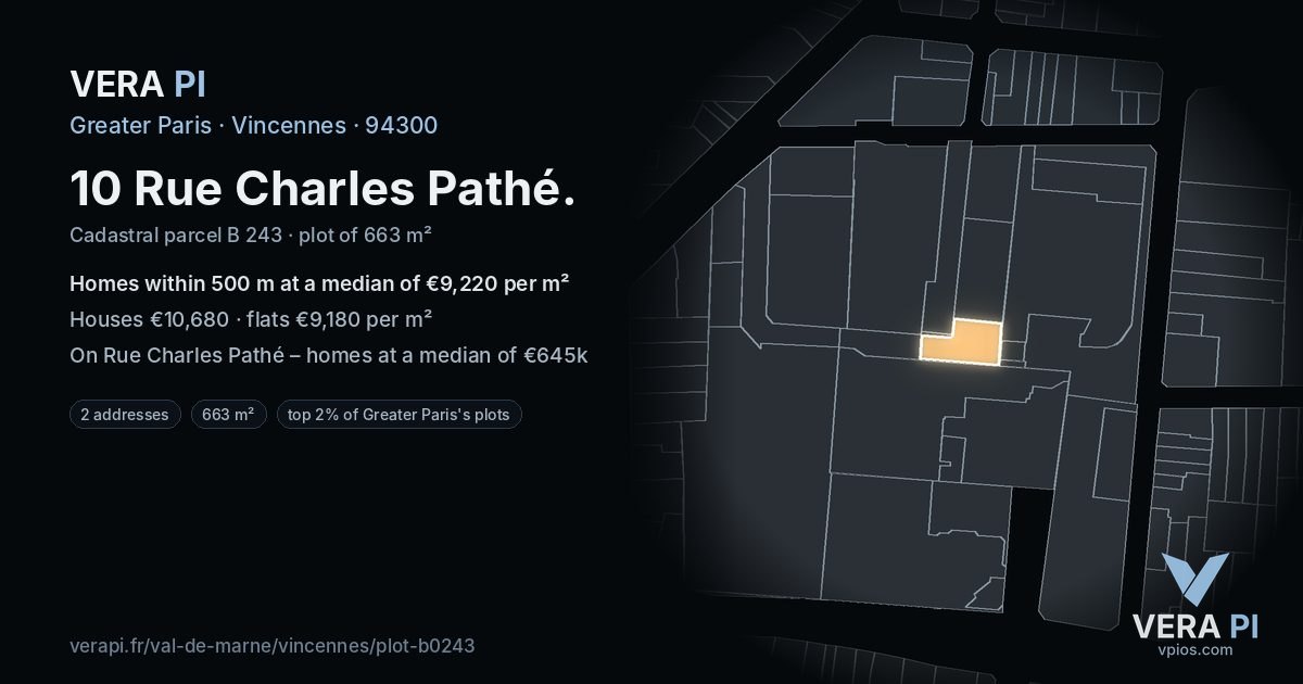 10 Rue Charles Pathé, Vincennes at night – the plot lit, the parcels around coloured by the prices near them