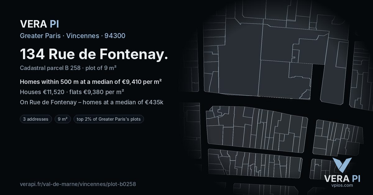 134 Rue de Fontenay, Vincennes at night – the plot lit, the parcels around coloured by the prices near them