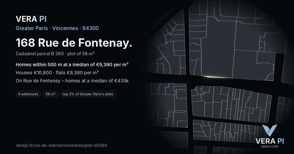 168 Rue de Fontenay, Vincennes at night – the plot lit, the parcels around coloured by the prices near them