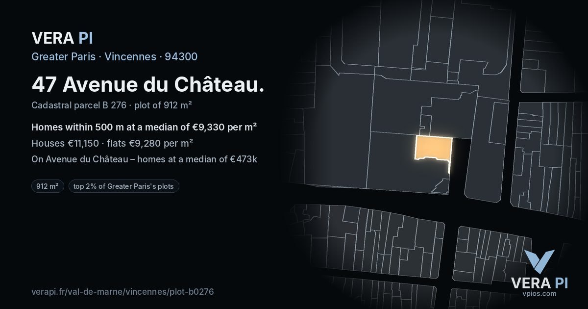47 Avenue du Château, Vincennes at night – the plot lit, the parcels around coloured by the prices near them
