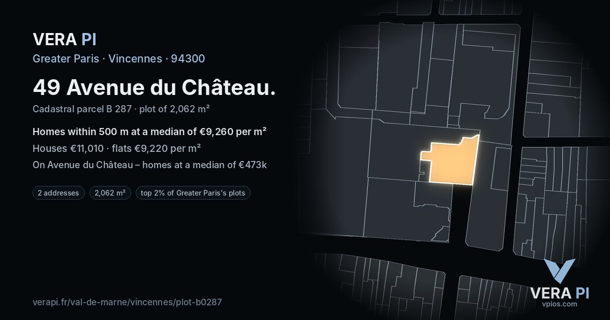 49 Avenue du Château, Vincennes at night – the plot lit, the parcels around coloured by the prices near them