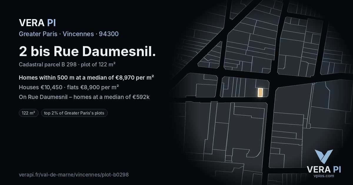 2 bis Rue Daumesnil, Vincennes at night – the plot lit, the parcels around coloured by the prices near them