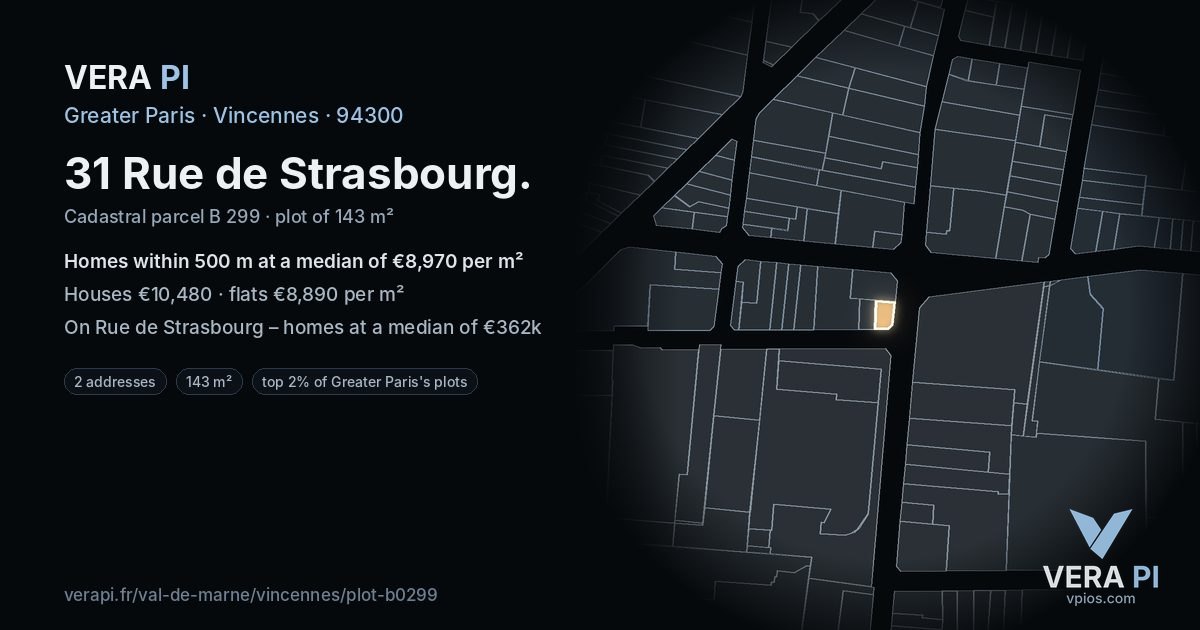 31 Rue de Strasbourg, Vincennes at night – the plot lit, the parcels around coloured by the prices near them