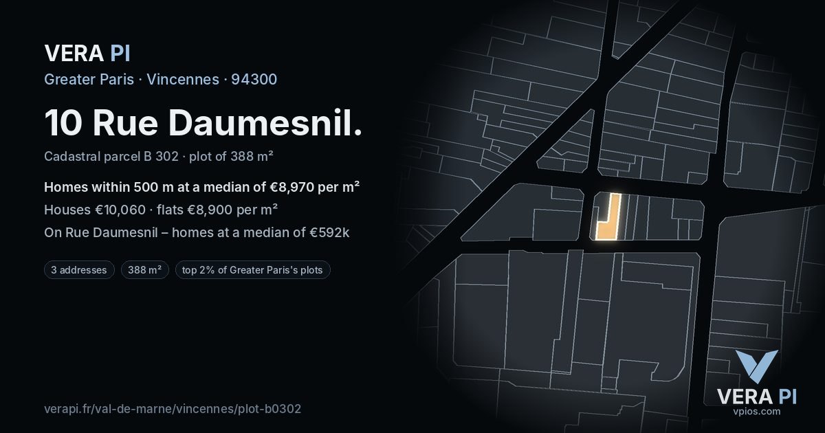 10 Rue Daumesnil, Vincennes at night – the plot lit, the parcels around coloured by the prices near them