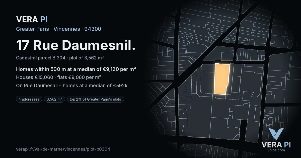 17 Rue Daumesnil, Vincennes at night – the plot lit, the parcels around coloured by the prices near them