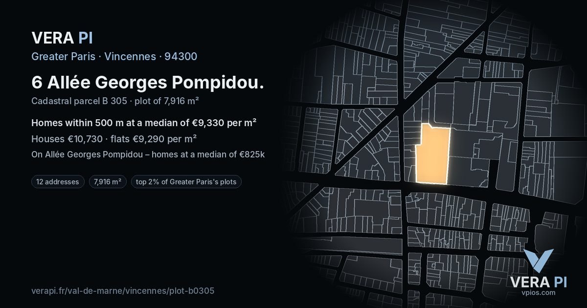 6 Allée Georges Pompidou, Vincennes at night – the plot lit, the parcels around coloured by the prices near them