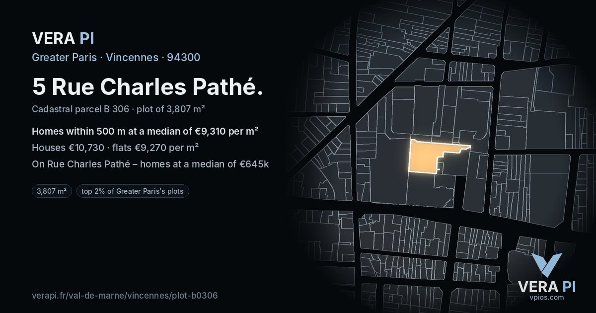 5 Rue Charles Pathé, Vincennes at night – the plot lit, the parcels around coloured by the prices near them