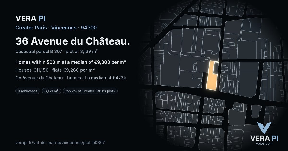36 Avenue du Château, Vincennes at night – the plot lit, the parcels around coloured by the prices near them
