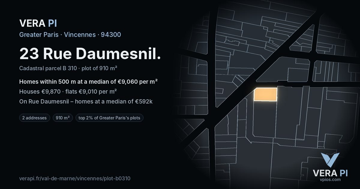 23 Rue Daumesnil, Vincennes at night – the plot lit, the parcels around coloured by the prices near them