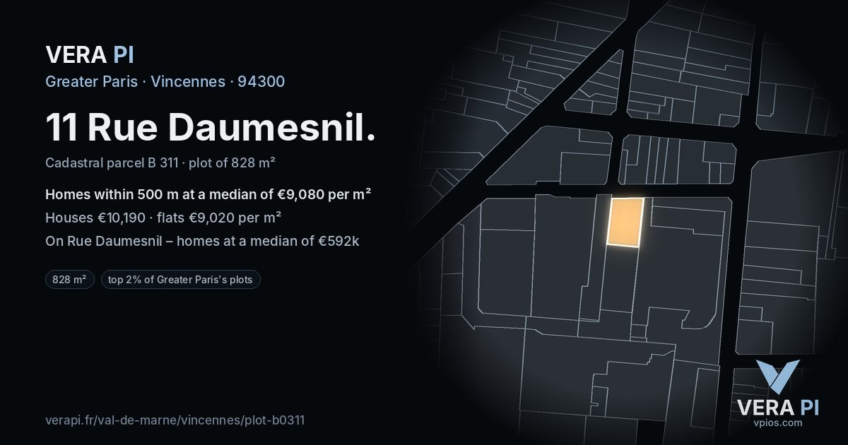 11 Rue Daumesnil, Vincennes at night – the plot lit, the parcels around coloured by the prices near them