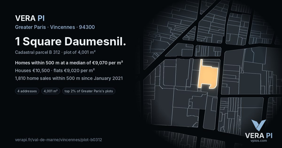 1 Square Daumesnil, Vincennes at night – the plot lit, the parcels around coloured by the prices near them