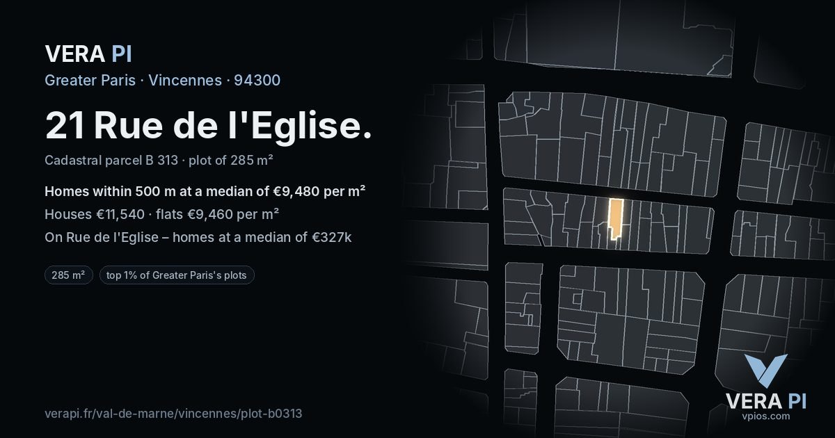 21 Rue de l'Eglise, Vincennes at night – the plot lit, the parcels around coloured by the prices near them