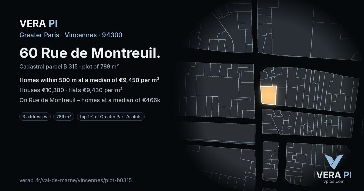 60 Rue de Montreuil, Vincennes at night – the plot lit, the parcels around coloured by the prices near them