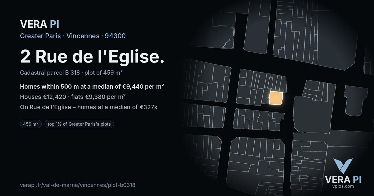 2 Rue de l'Eglise, Vincennes at night – the plot lit, the parcels around coloured by the prices near them