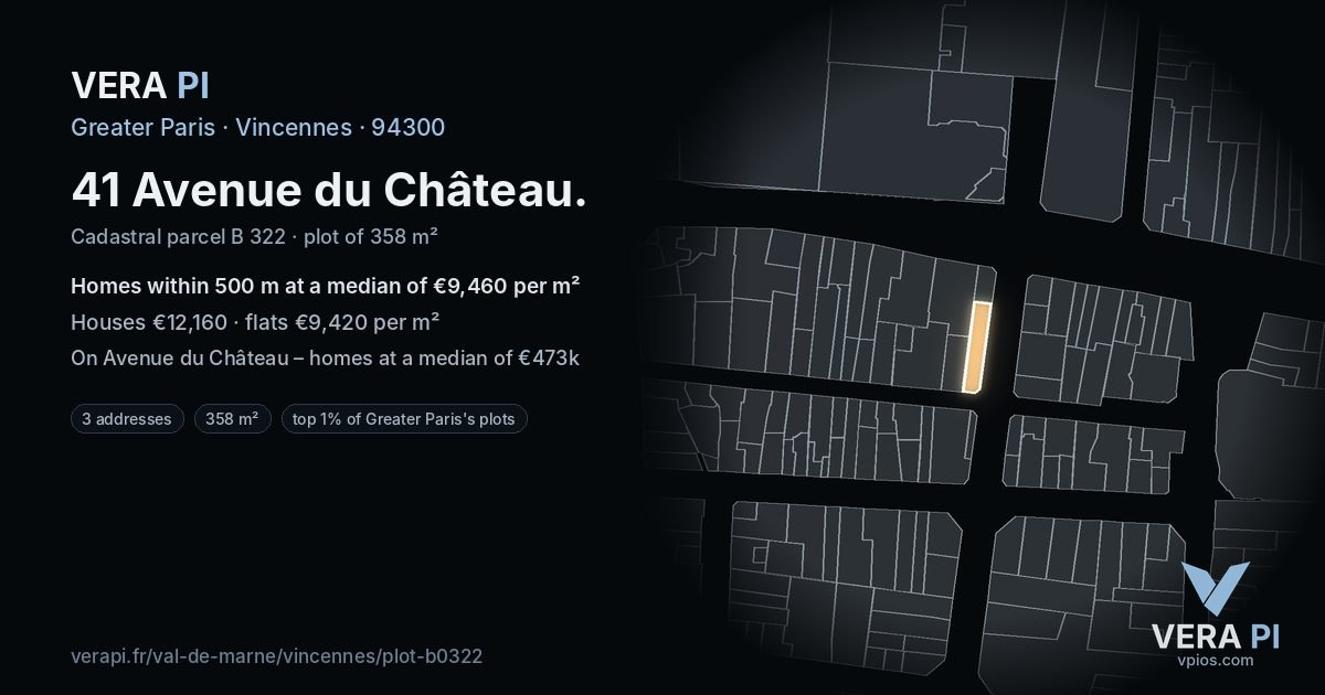 41 Avenue du Château, Vincennes at night – the plot lit, the parcels around coloured by the prices near them