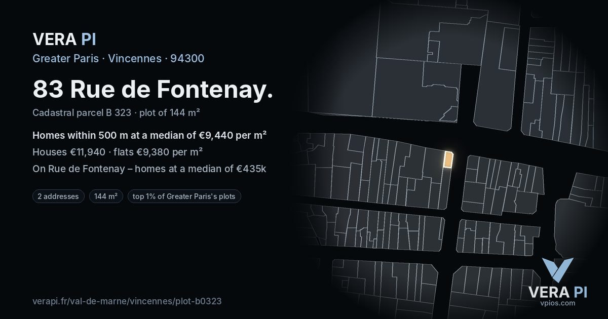 83 Rue de Fontenay, Vincennes at night – the plot lit, the parcels around coloured by the prices near them