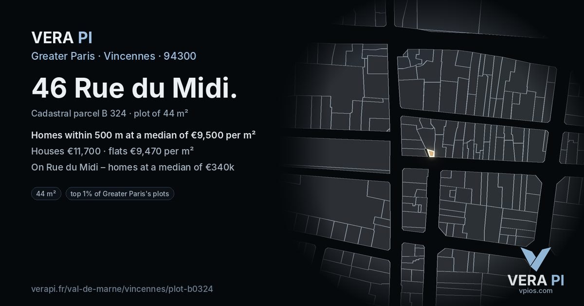 46 Rue du Midi, Vincennes at night – the plot lit, the parcels around coloured by the prices near them