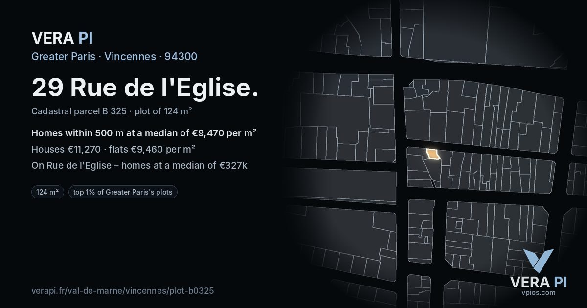 29 Rue de l'Eglise, Vincennes at night – the plot lit, the parcels around coloured by the prices near them