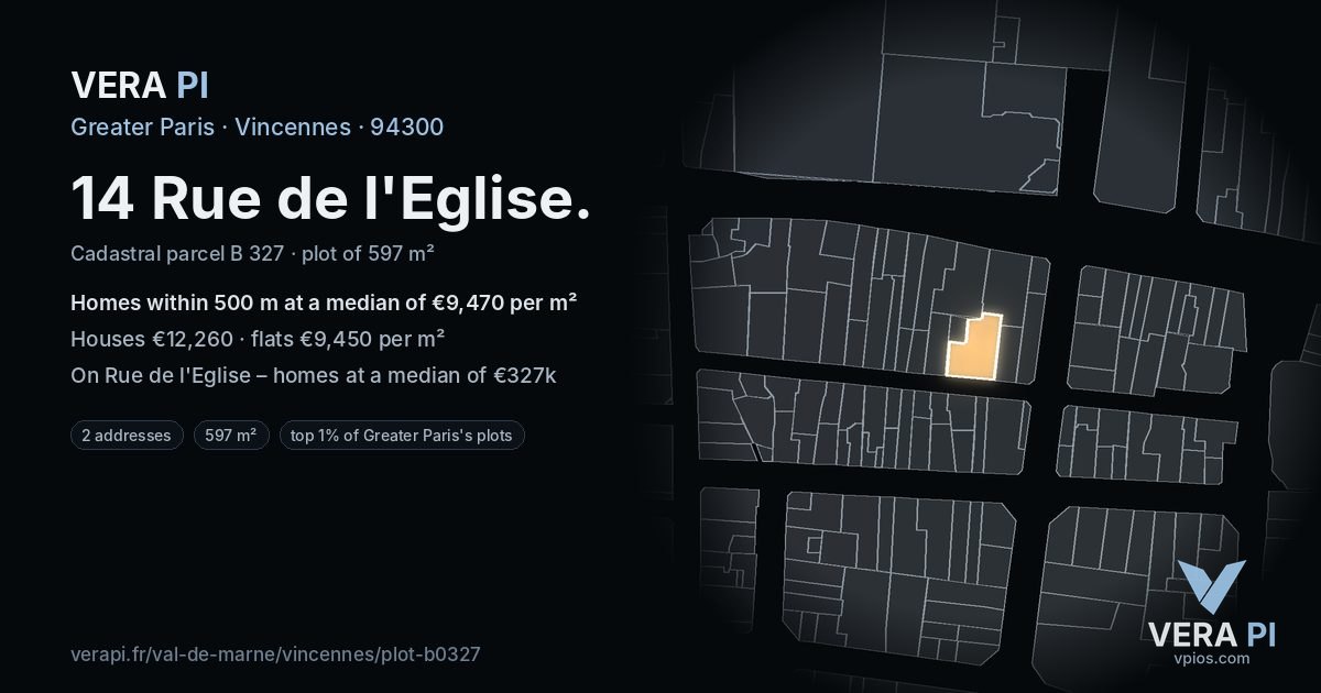 14 Rue de l'Eglise, Vincennes at night – the plot lit, the parcels around coloured by the prices near them
