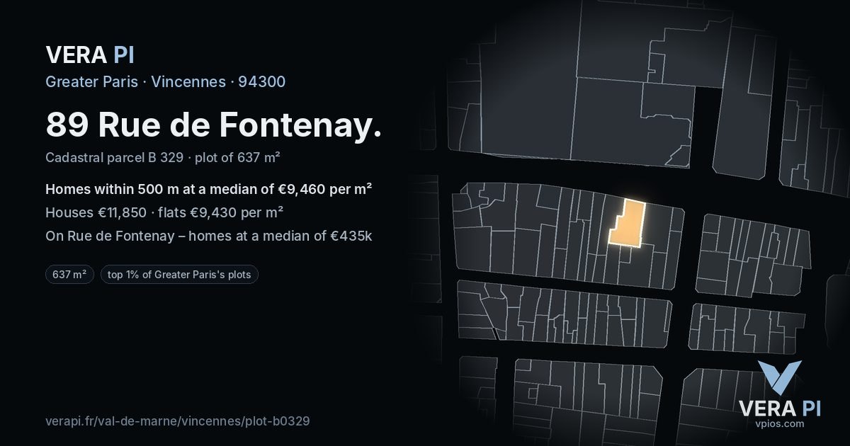 89 Rue de Fontenay, Vincennes at night – the plot lit, the parcels around coloured by the prices near them