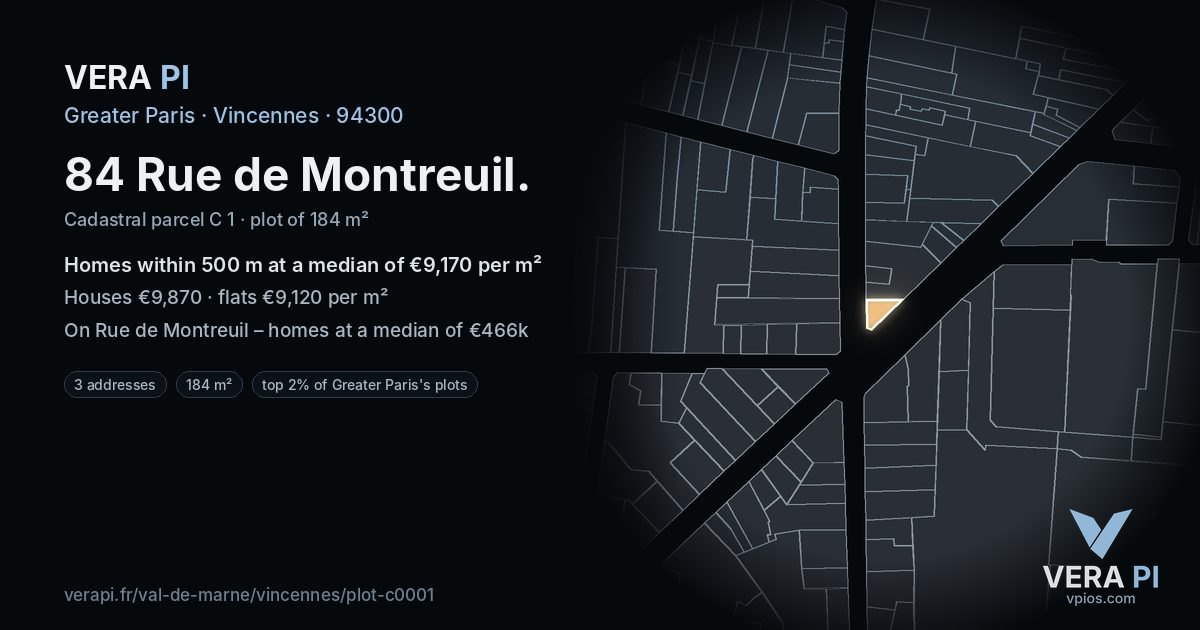 84 Rue de Montreuil, Vincennes at night – the plot lit, the parcels around coloured by the prices near them