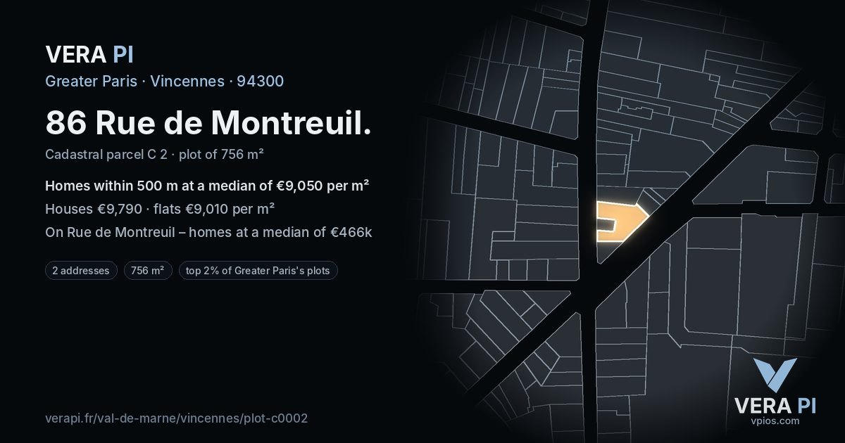 86 Rue de Montreuil, Vincennes at night – the plot lit, the parcels around coloured by the prices near them